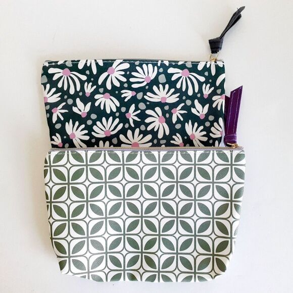Unbranded Handbags - Brand New Two Navy Floral Green Abstract Prints Cosmetic Bag Purse NWOT 6"L